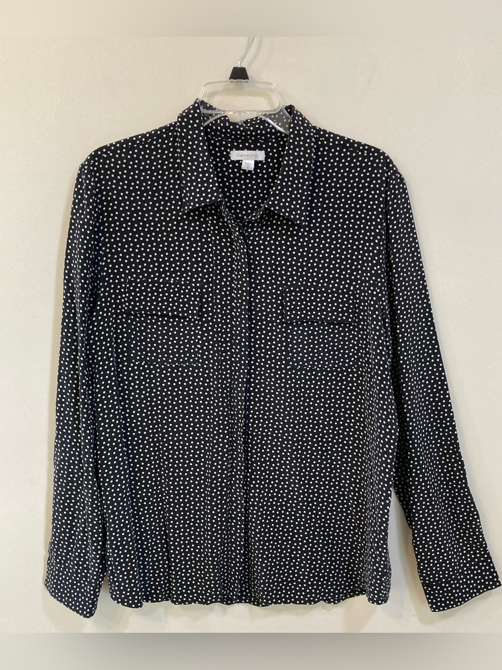Garnet Hill Silk Long Sleeve Sz 14 Womens Button Front Polka Dot Black White